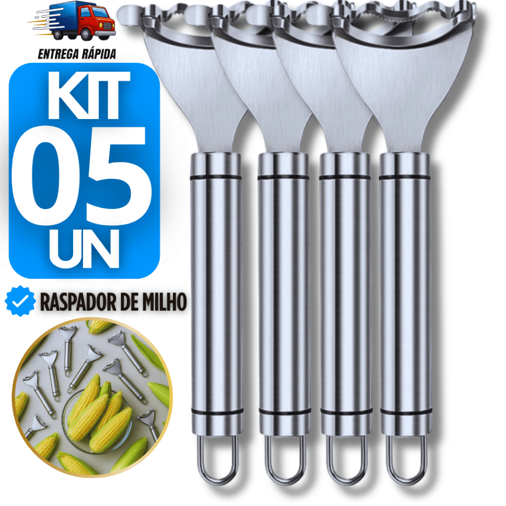 Jogo 05 Unidades Raspador Descascador de Milho e Legumes em Aço Inox com Fácil Manuseio Utilidades Pratico