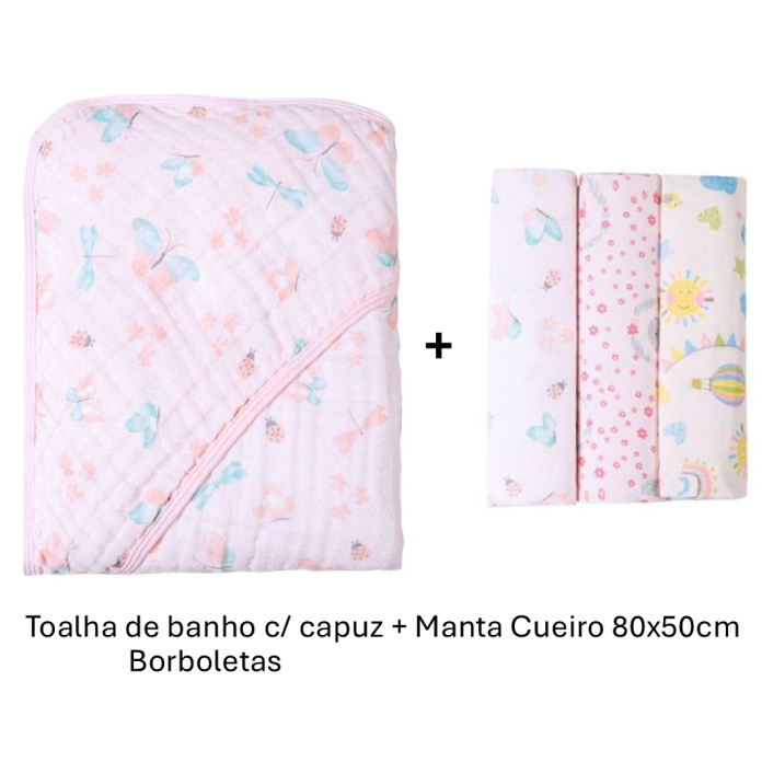 Kit Toalha de Banho Fralda Soft com Capuz para Bebê + Manta Cueiro Grande ou Pequeno