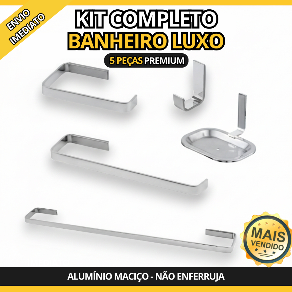 Kit para Banheiro Quadrado Cromado 5 Peças Inox Alumínio Acessórios Conjunto de Banheiro Completo em Oferta na Shopee
