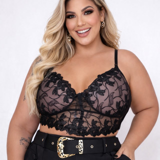Cropped Feminino Plus Size Bordado de Suplex com Renda – Conforto, Estilo e Elegância