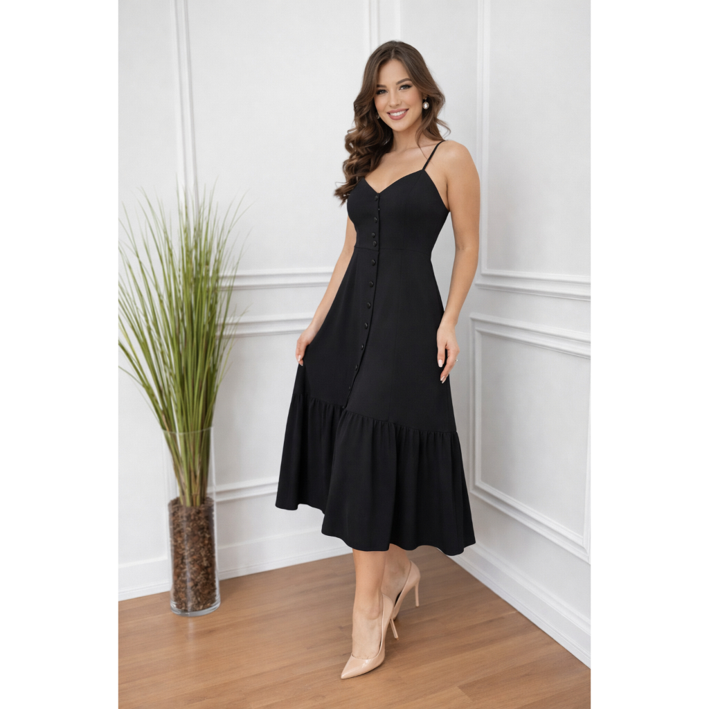 Vestido feminino longo alça botão na frente fenda Mídi soltinho viscose  Babado elegante alcinha
