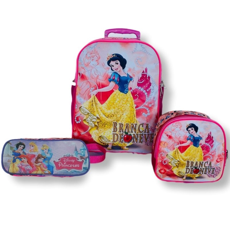 KIT ESCOLAR INFANTIL BRANCA DE NEVE MOCHILA DE RODINHAS M ou P + LANCHEIRA TÉRMICA + PORTA-LÁPIS