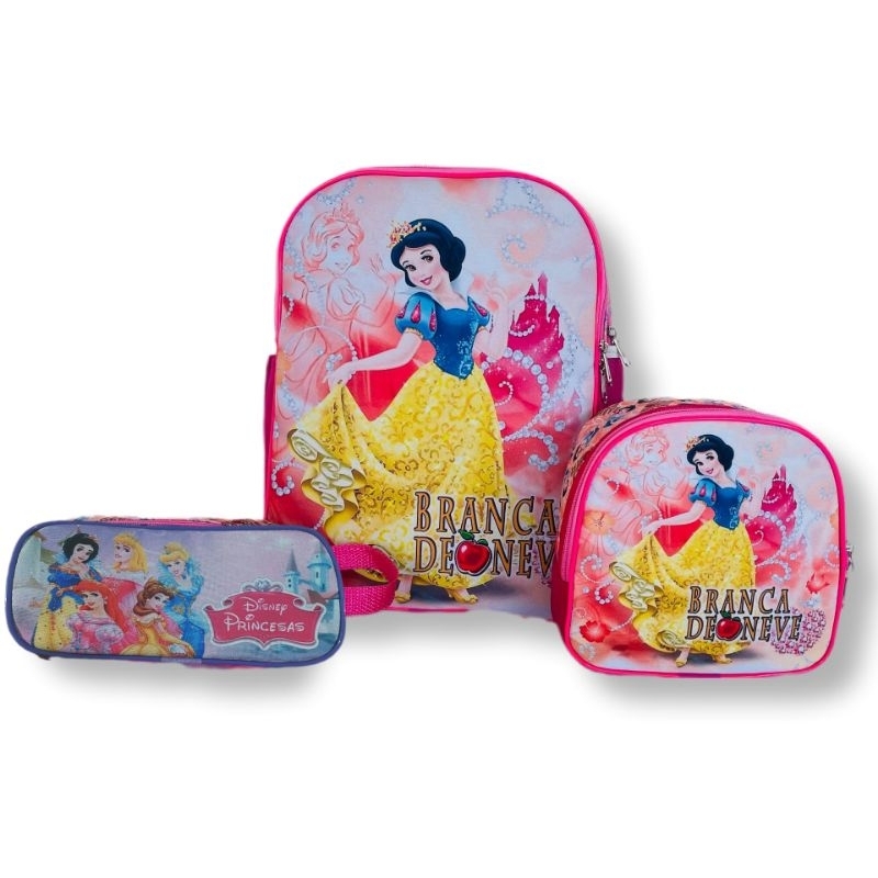 KIT ESCOLAR INFANTIL PRINCESA BRANCA DE NEVE MOCHILA DE COSTA G + LANCHEIRA TÉRMICA + PORTA-LÁPIS