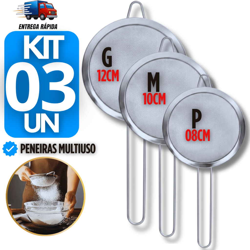 Utensílios 3 Peneira Coador de Aço Inox 8cm 10cm 12cm para Cozinha Casa Restaurante Oleo Farinha Multiuso Utilidades