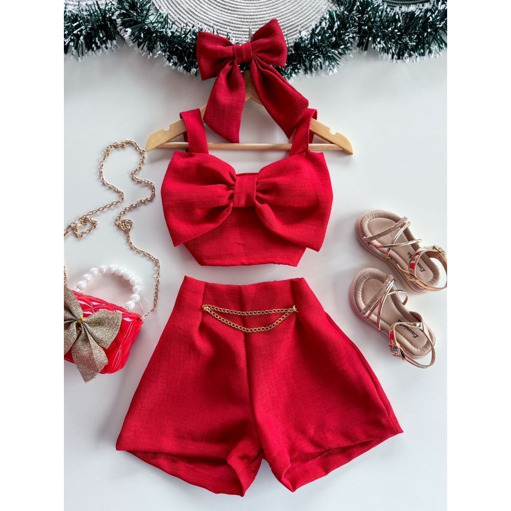Conjunto Infantil Blusa Laço e Shorts Look Infantil Menina Elegante Roupa Infantil Feminina Estilosa