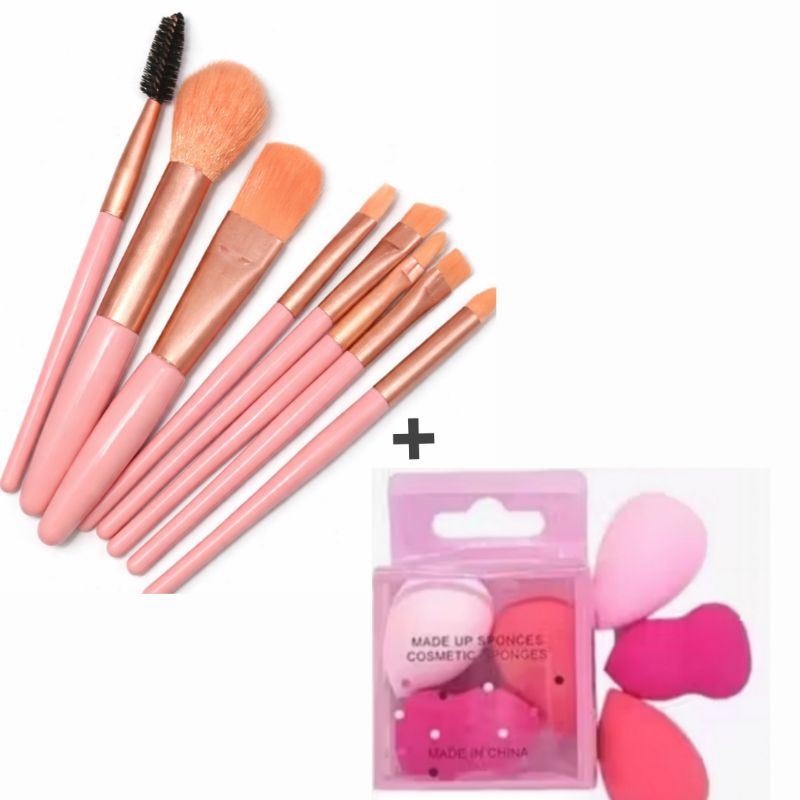 Kit Maquiagem - 3 Esponjas Mini + 8 Pincéis Mini + Brinde 2 Toalhas Compactas Desidratadas