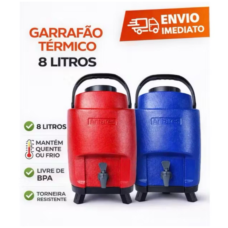 Garrafa Térmica 8/12 Litros COM Torneira Azul Garrafão Alça Pé Antares Botijão Térmico Galão MANTEM