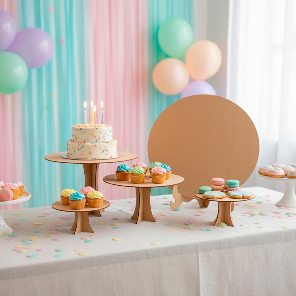 Conjunto Trio de Boleira em MDF Natural + Mini Painel Redondo 50cm com Suporte – Decoração Festa, Eventos, Mesas de Doce