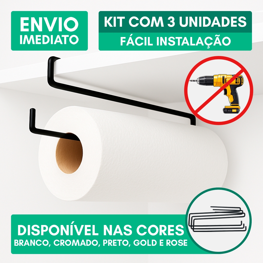 Kit 3 Porta Papel Toalha Suspenso Armário Cozinha Organizador Sem Furo Rolo Alumínio Filme Branco em Oferta na Shopee
