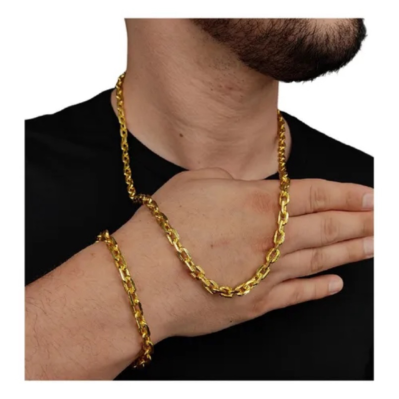 kit corrente/pulseira cadeado moeda antiga 100% banhado a ouro 18k fecho gaveta 4,5mm 70cm