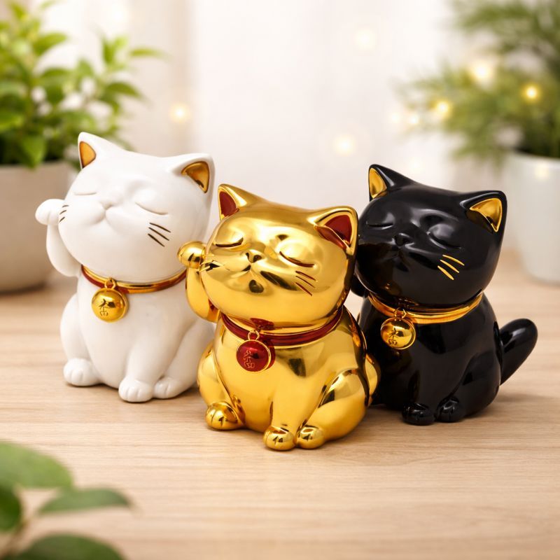 Gatos da Sorte Maneki Neko Porcelana Decorativos Branco, Dourado e Preto Decoração Moderna e Feng Shui em Oferta na Shopee
