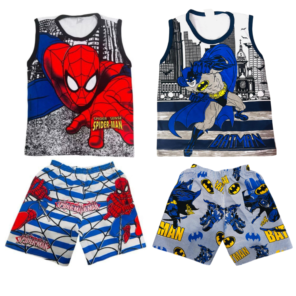 Kit 2 conjuntos infantil menino homem aranha + batman 4 peças 2 regatas algodão + 2 shorts tactel verão presente estilo