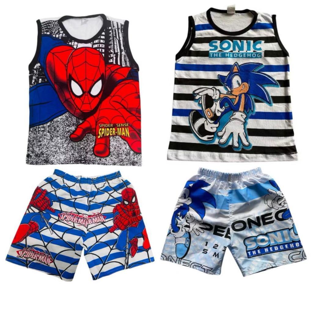Kit 2 conjuntos infantil menino homem aranha + sonic 4 peças 2 regatas algodão + 2 shorts tactel verão presente estilo