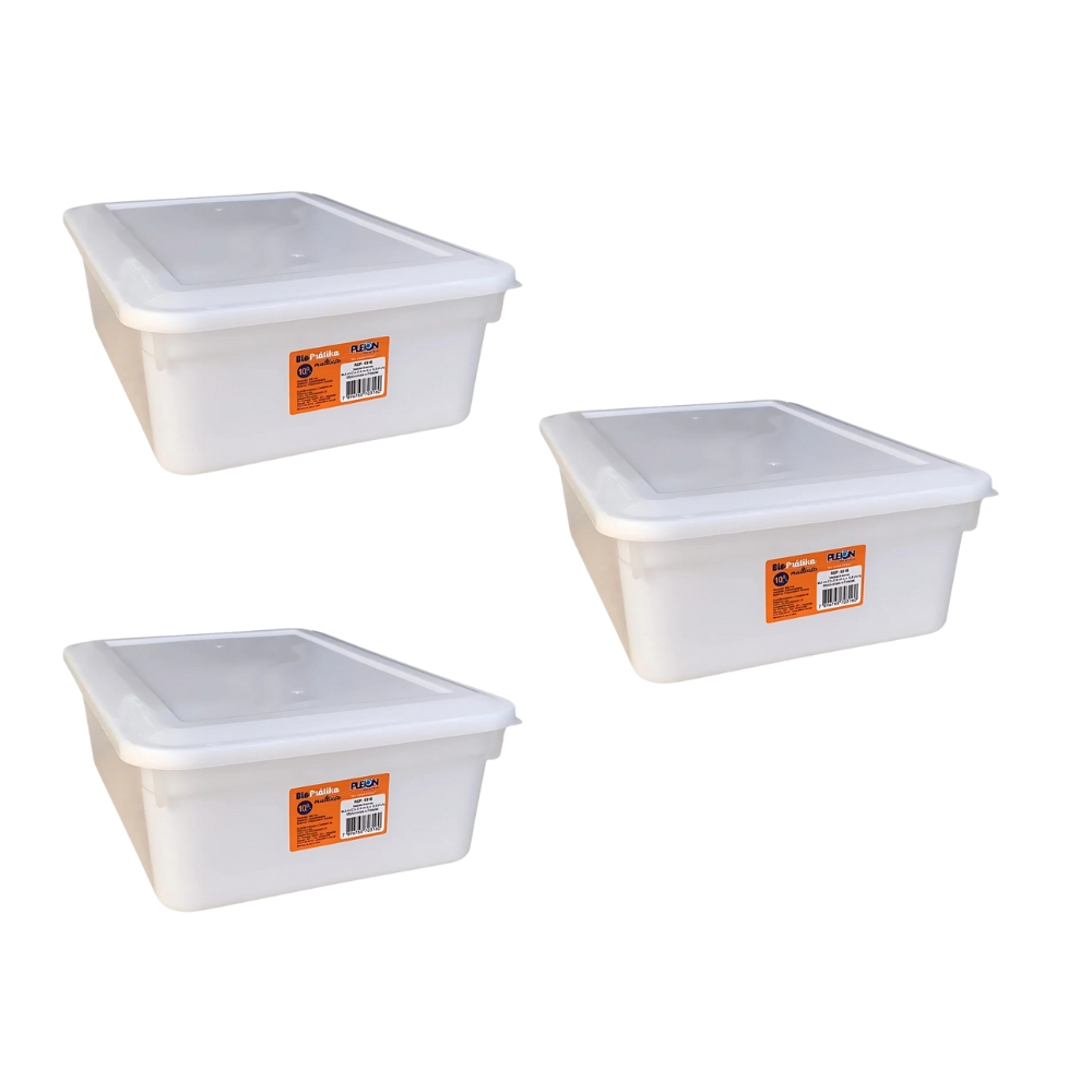 3 Caixas Plasticas 10 litros Organizadoras Biopratika Pleion Branco Lisa