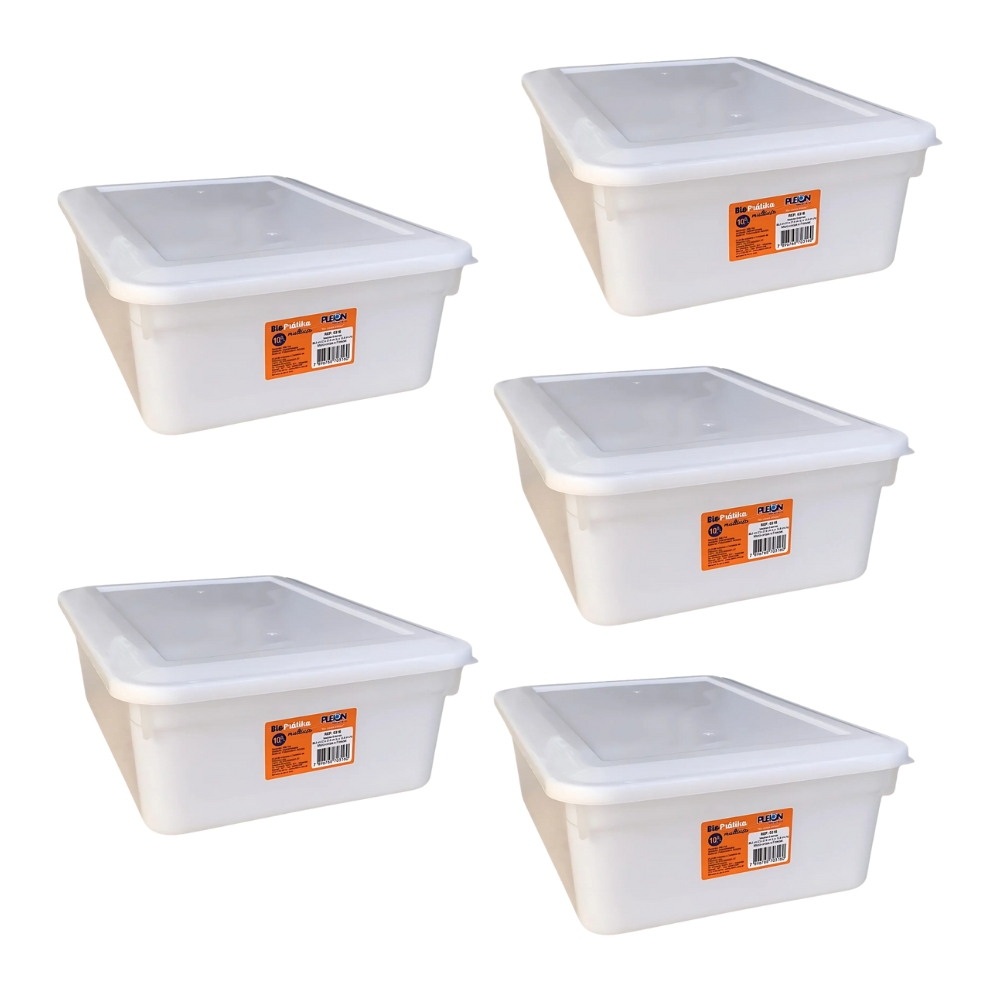 5 Caixas Plasticas 10 litros Organizadoras Biopratika Pleion Branco Lisa
