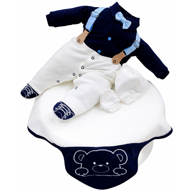 Kit Saída Maternidade Menino Social Suspensório Azul Marinho Bege