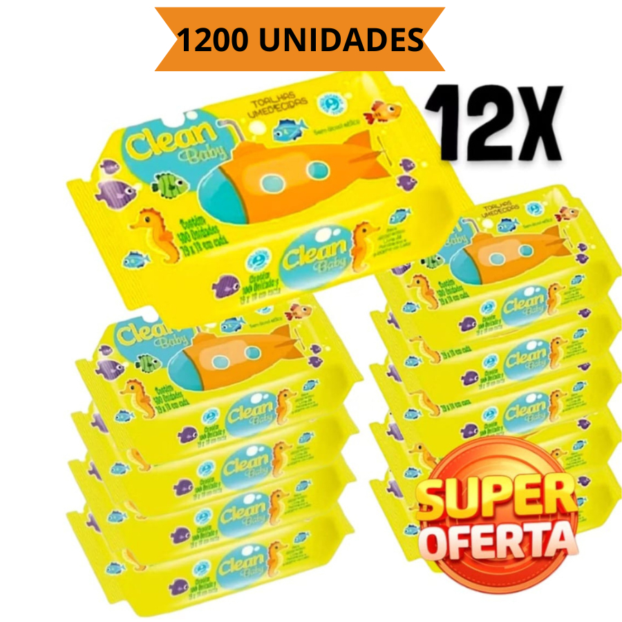 Toalhas Umedecidas Clean Baby Caixa com 12 Pacotes de 100 Lenços