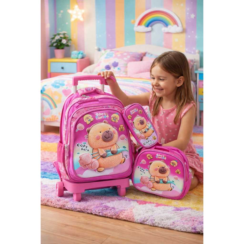 Kit Mochila Escolar De Carrinho Capivara Alto Relevo IMPORTADO Grande unissex