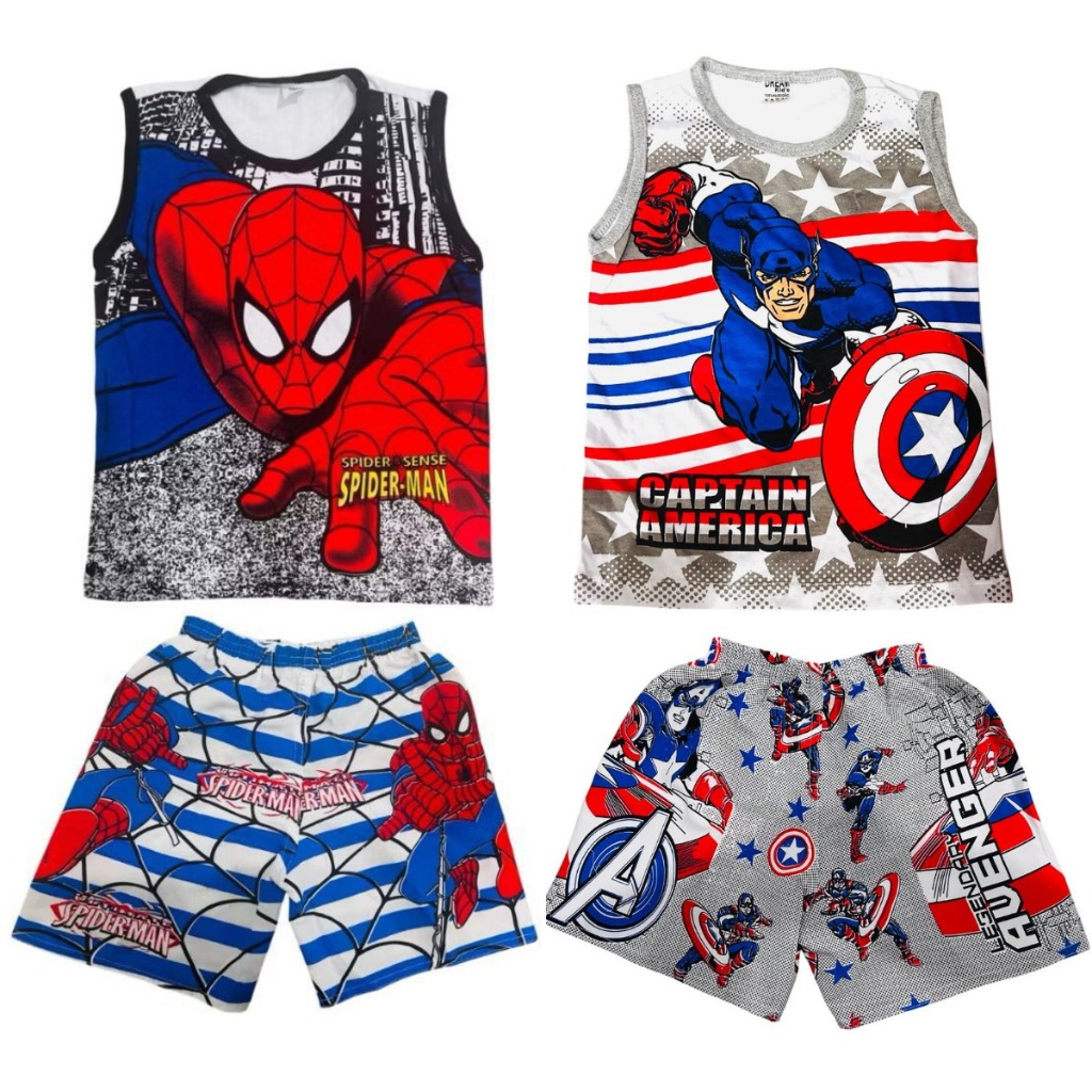 Kit 2 conjuntos infantil menino homem aranha + Cap 4 peças 2 regatas algodão + 2 shorts tactel verão presente estilo