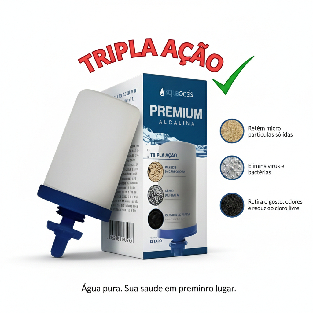 Velas Filtro Água Tripla Ação 6un – Carvão + Prata Coloidal – Alcalina p/ Filtros de Barro