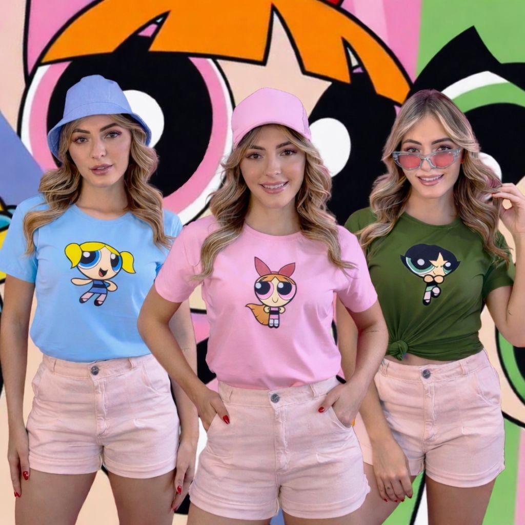 Kit 3 Camisas Meninas Super-Poderosas Camiseta Estampada Trio de Amigas Bloquinho de Carnaval Blusa Feminina Moda Verão