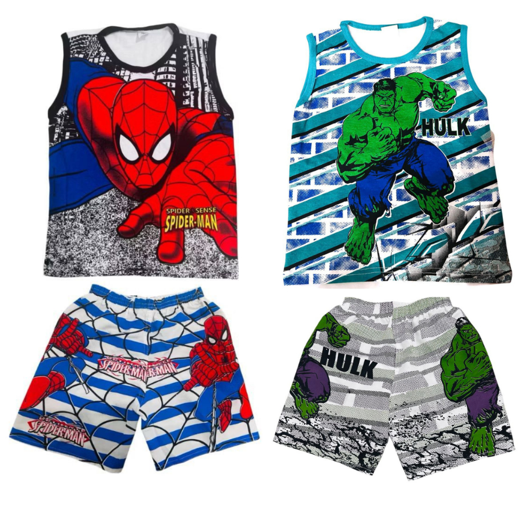 Kit 2 conjuntos infantil menino homem aranha + Hulk 4 peças 2 regatas algodão + 2 shorts tactel verão presente estilo