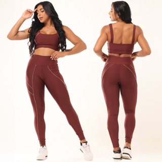 Conjunto Feminino FItness Calça Legging Top Com Friso Treino Suplex Confortável  Academia Tecido Suplex Alta Compressão em Oferta na Shopee