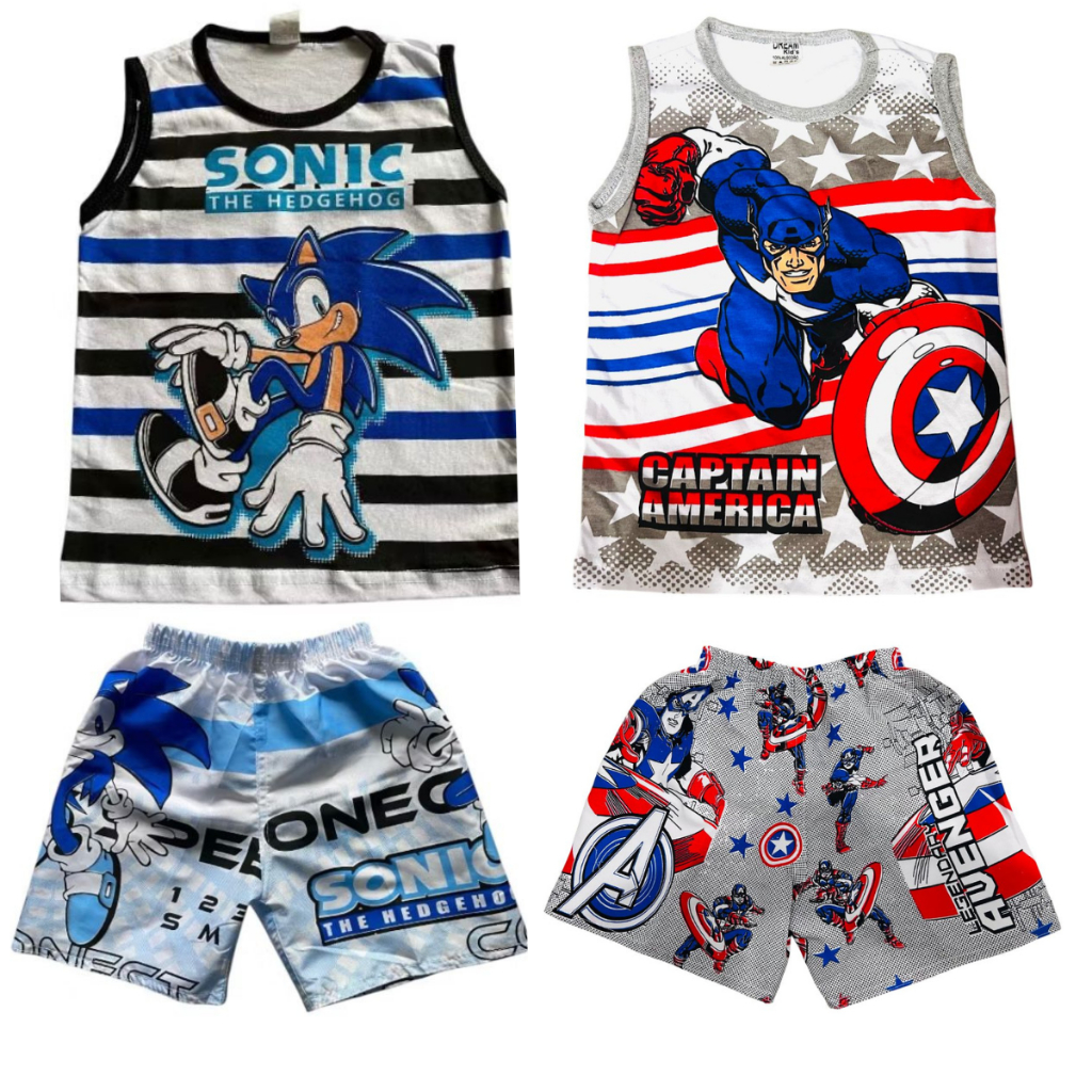 Kit 2 conjuntos infantil menino Sonic +Capitão america 4 peças 2 regatas algodão + 2 shorts tactel verão presente estilo