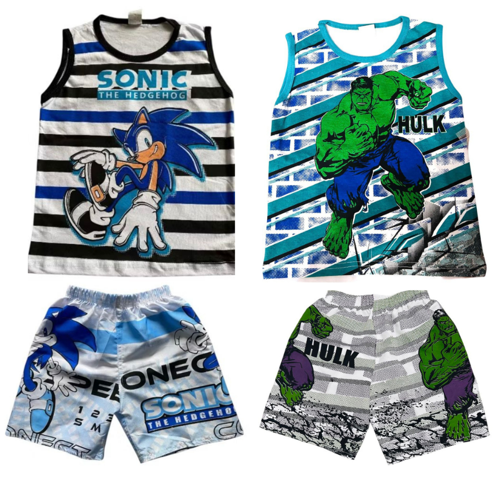 Kit 2 conjuntos infantil menino Sonic + Hulk 4 peças 2 regatas algodão + 2 shorts tactel verão presente estilo