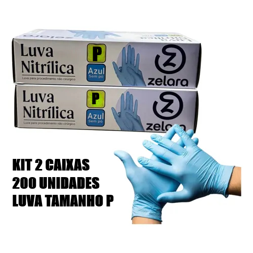 kit 2 Caixas Luvas Nitrílicas SEM PÓ AZUL TAMANHO P 200 und - ZELARA em Oferta na Shopee