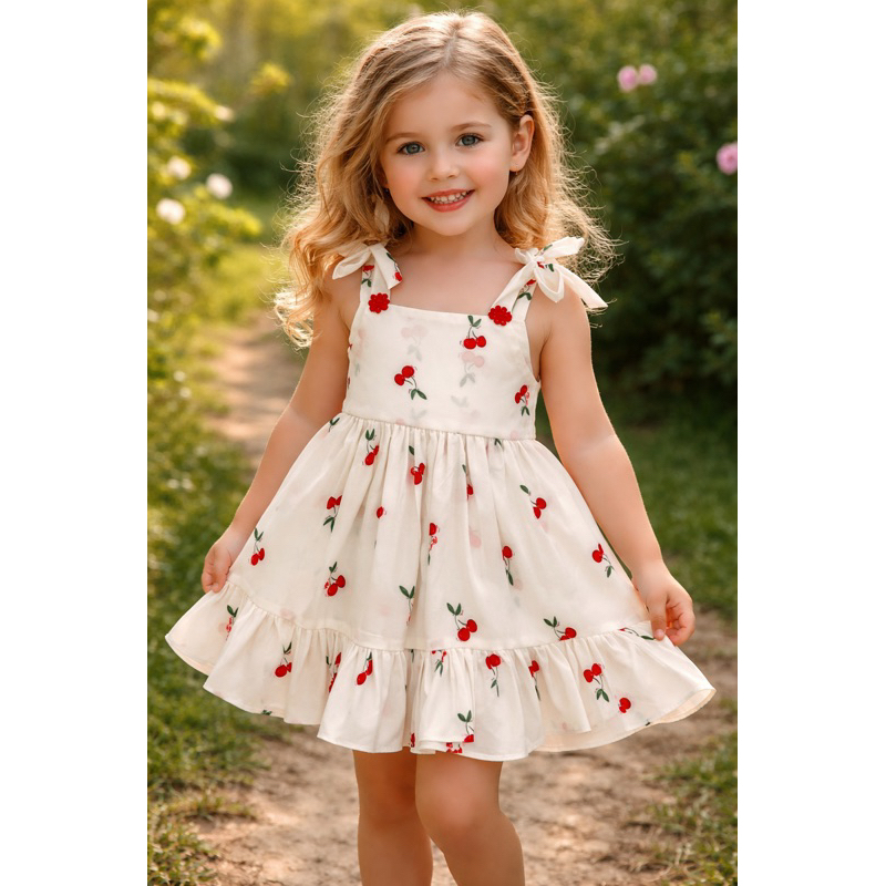 Vestido infantil sedinha rodado detalhe renda guipir amarração na alça, rosa, azul, vermelho, cereja, coração, verão em Oferta na Shopee