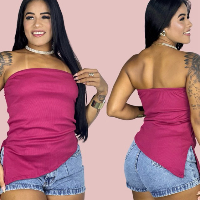 Blusa Feminina Tomara que Caia Assimétrica Ribana Canelada