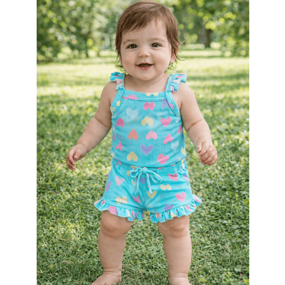 Conjunto Bebê Canelado Verão Menina Body e Tapa Fralda Infantil com Babado Verde Estampa de Coração