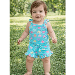 Conjunto Bebê Canelado Verão Menina Body e Tapa Fralda Infantil com Babado Verde Estampa de Coração