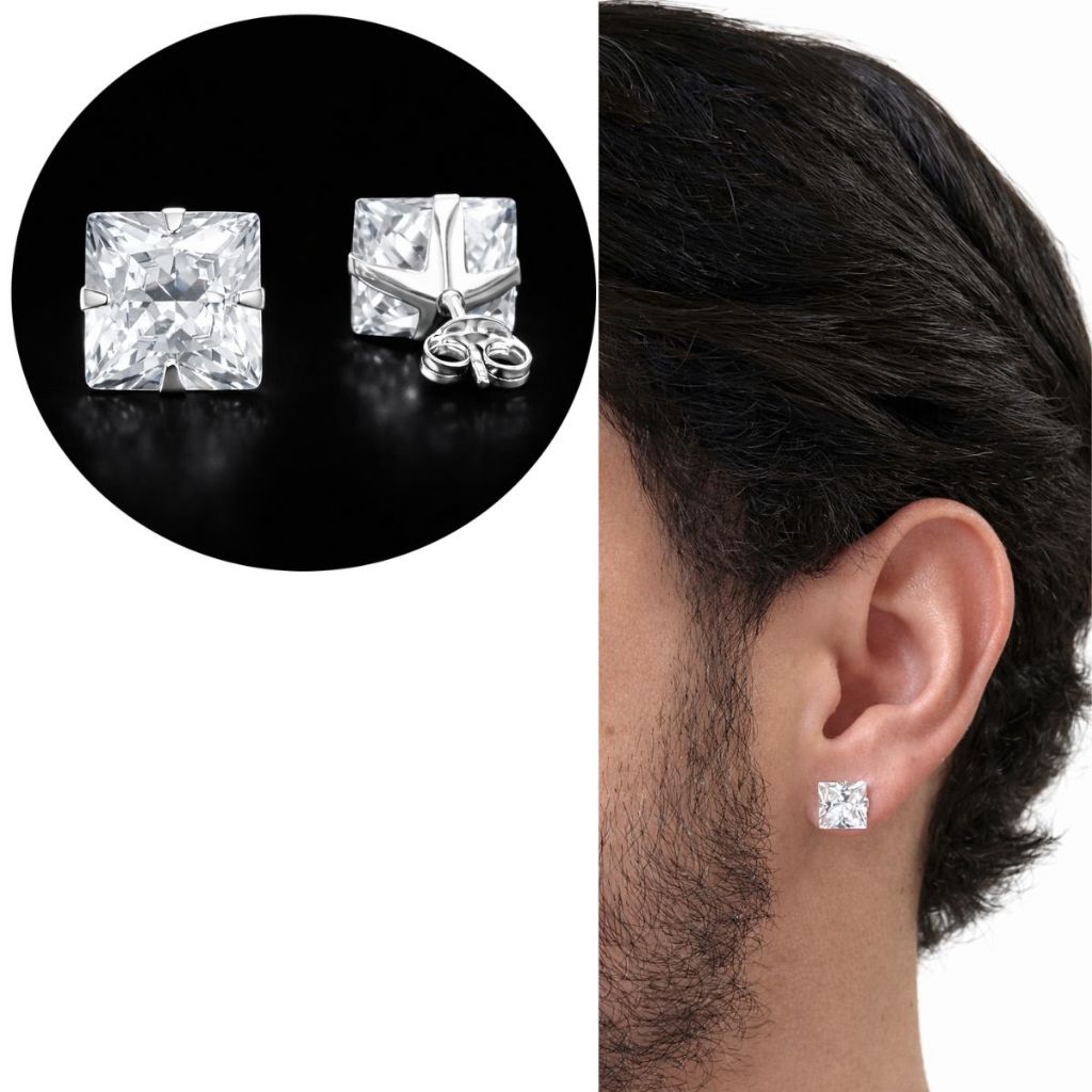Brinco Masculino De Prata Pura 925 Pedra Quadrado Brilhante em Oferta na Shopee