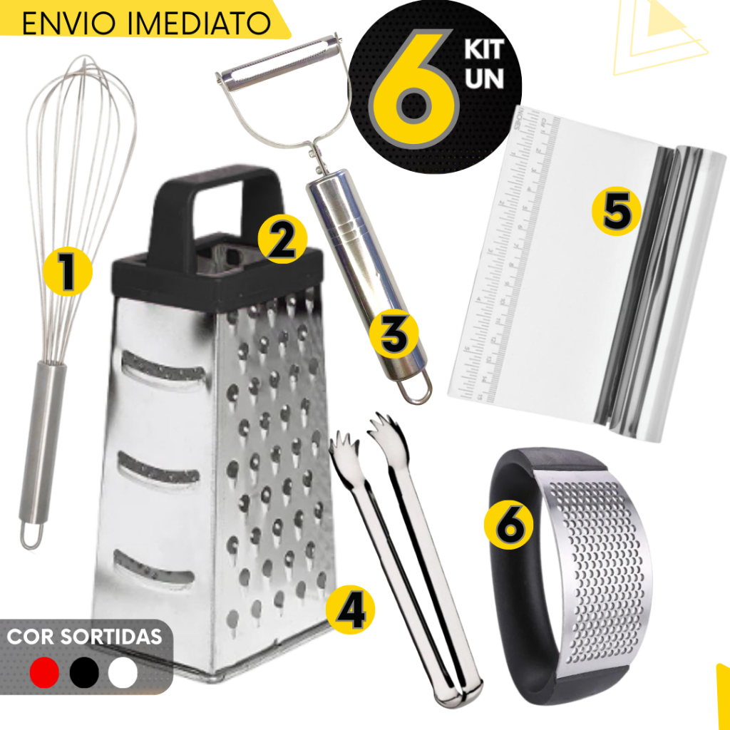 Kits 6, 7, 8 ou 4 un - Batedor de Ovos Fouet Raladores Amassador de Batata e Alho Pegador e Peneira