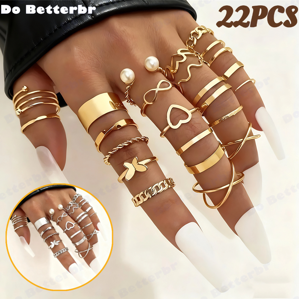 22 pçs Conjunto De Anel De Dourado Vintage Mulheres Conjunto De Anel De Dedo Joias Acessórios-KIT22