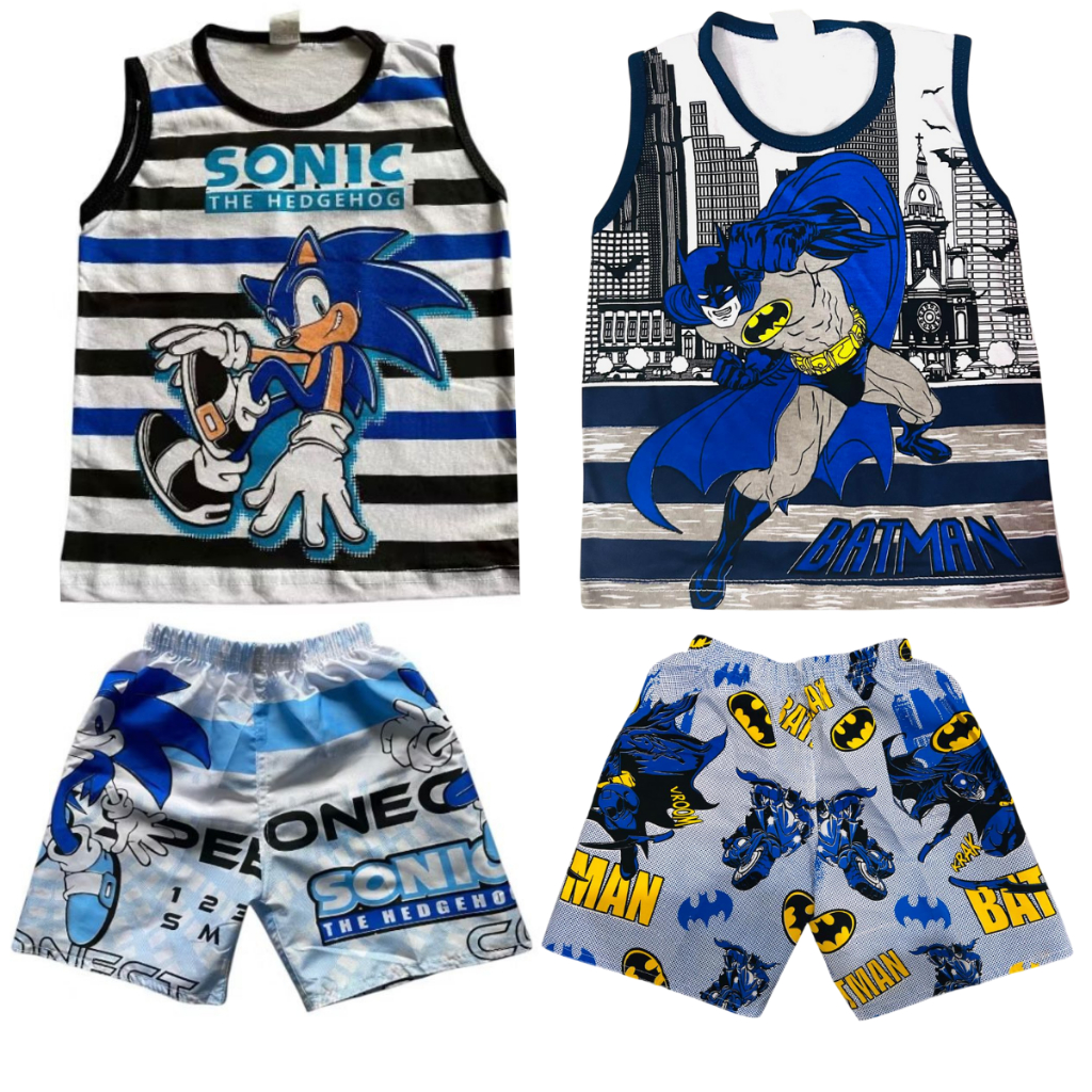 Kit 2 conjuntos infantil menino Sonic + batman 4 peças 2 regatas algodão + 2 shorts tactel verão presente estilo