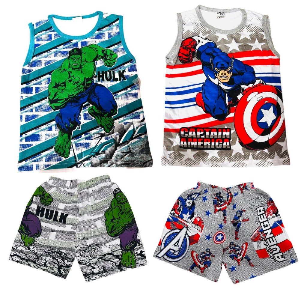 Kit 2 conjuntos infantil menino Hulk + Capitão america 4 peças 2 regatas algodão + 2 shorts tactel verão presente estilo