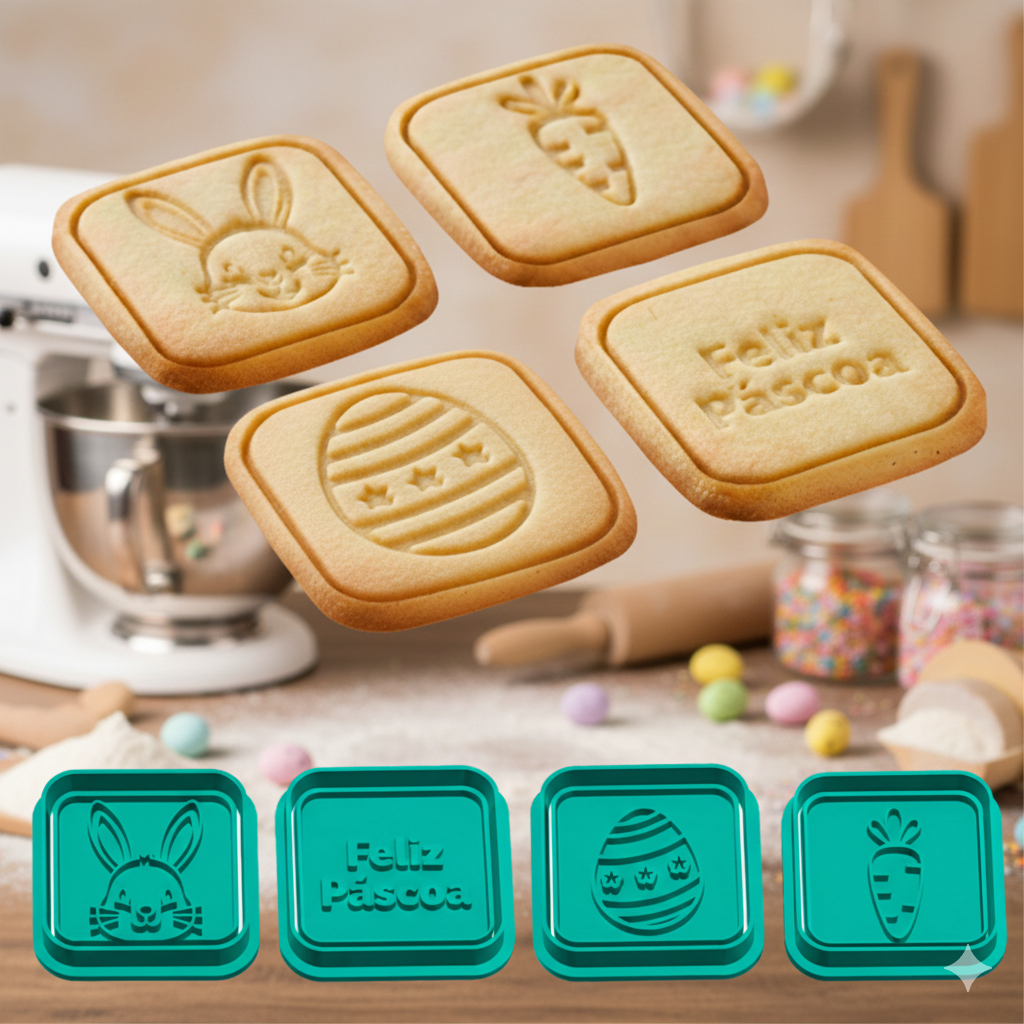 Kit Cortadores de Biscoito Quadrado Páscoa com Marcador Coelho Ovo cenoura Cookie Chocolate para Confeitaria coelhinho