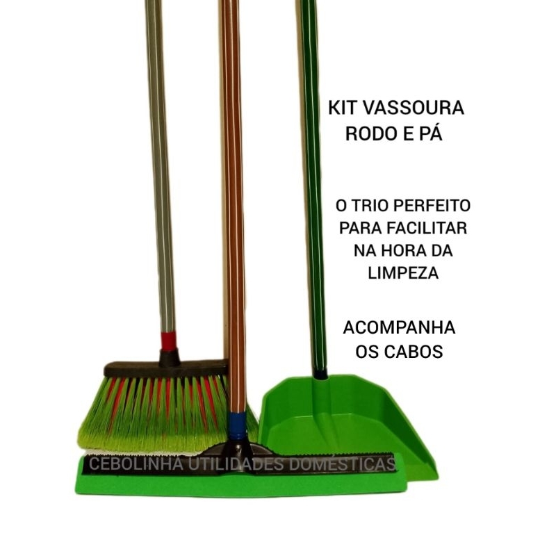 Kit Vassoura Rodo e Pá Completo com cabo para limpeza