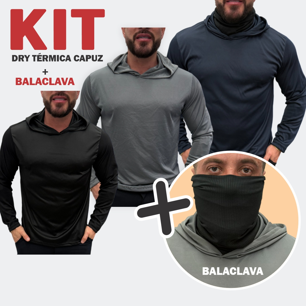 KIT 3 Camiseta Dryfit com Capuz Térmica + Balaclava Proteção Uv 50+ Camisa Touca Manga Longa em Oferta na Shopee