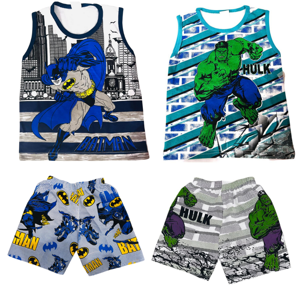Kit 2 conjuntos infantil menino Hulk + batman 4 peças 2 regatas algodão + 2 shorts tactel verão presente estilo