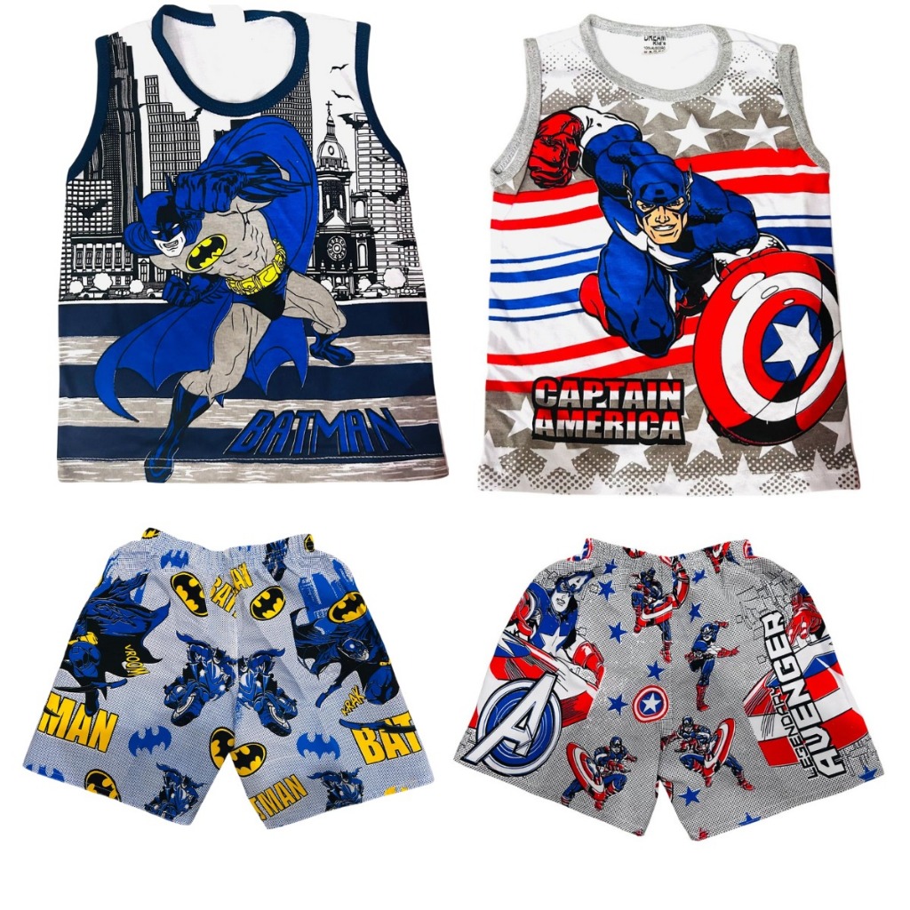 Kit 2 conjuntos infantil menino Cap + batman 4 peças 2 regatas algodão + 2 shorts tactel verão presente estilo