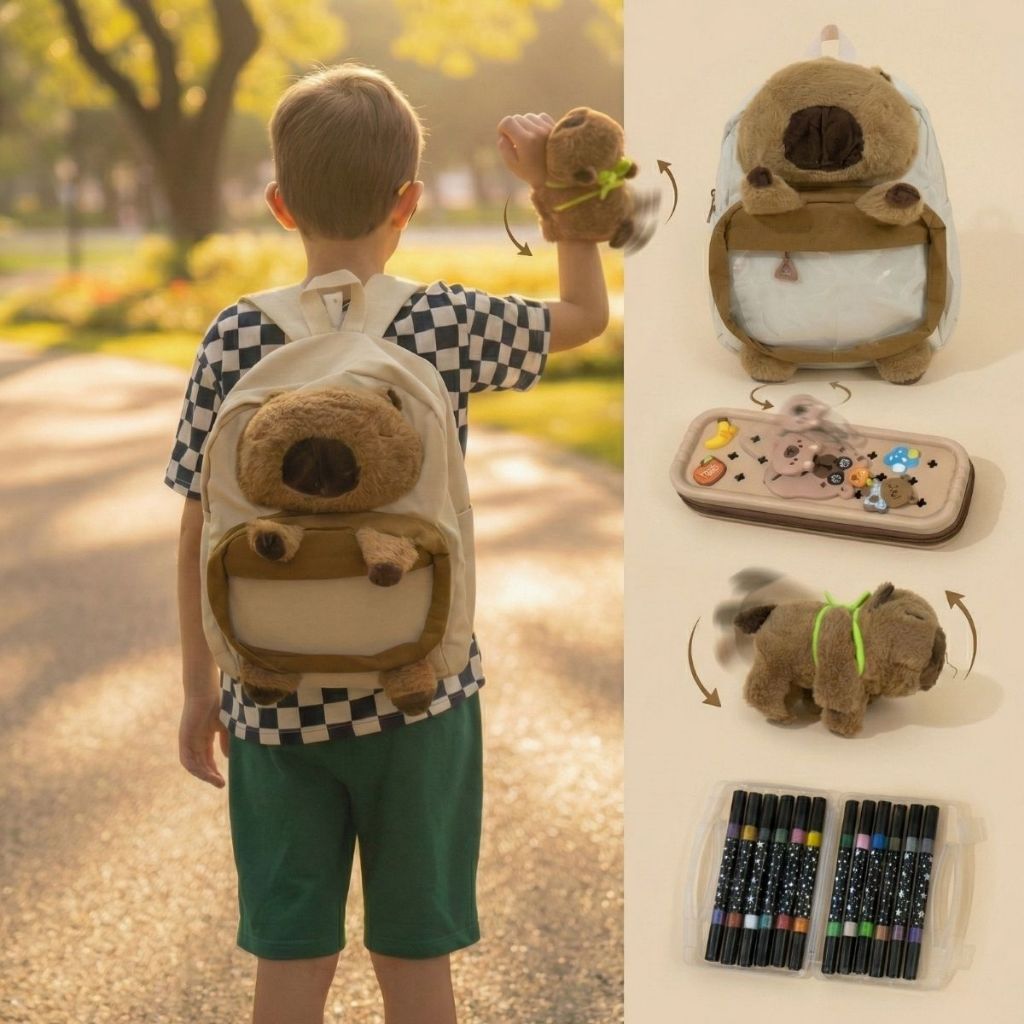 Kit Capivara Escolar Completo | Mochila Pelúcia + Estojo + Canetinhas em Oferta na Shopee