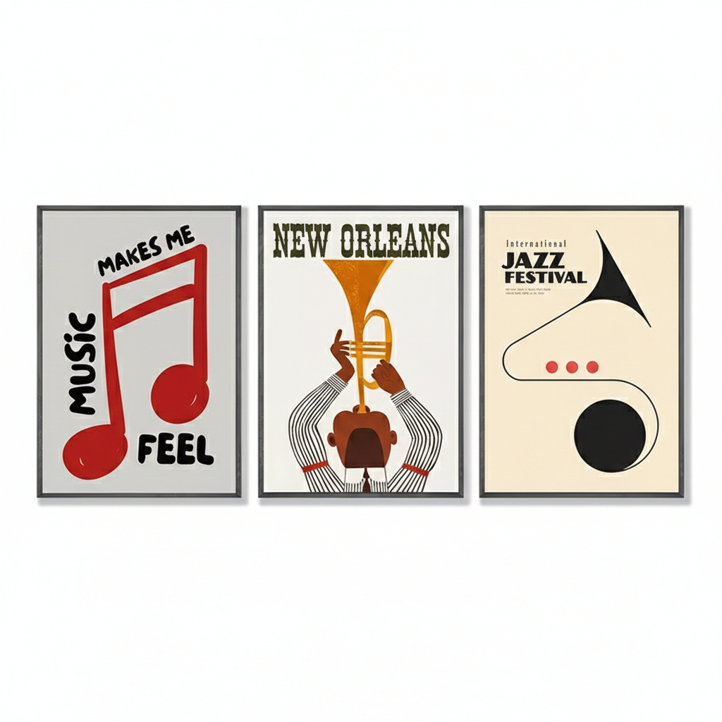 Quadros decorativos música jazz vintage com instrumentos e arte musical moderna (3 peças)