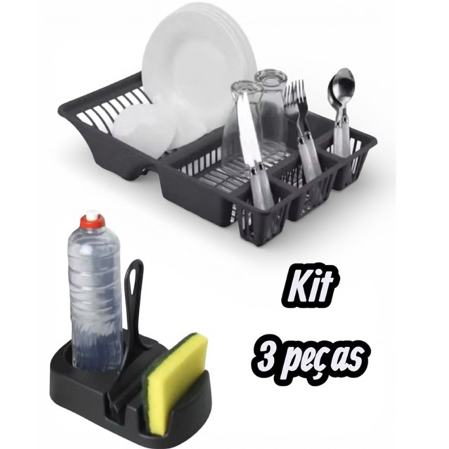 Kit Cozinha Completa Escorredor De Louça 12 Pratos + Porta Detergente Bucha + Rodinho de Pia Plasmarc