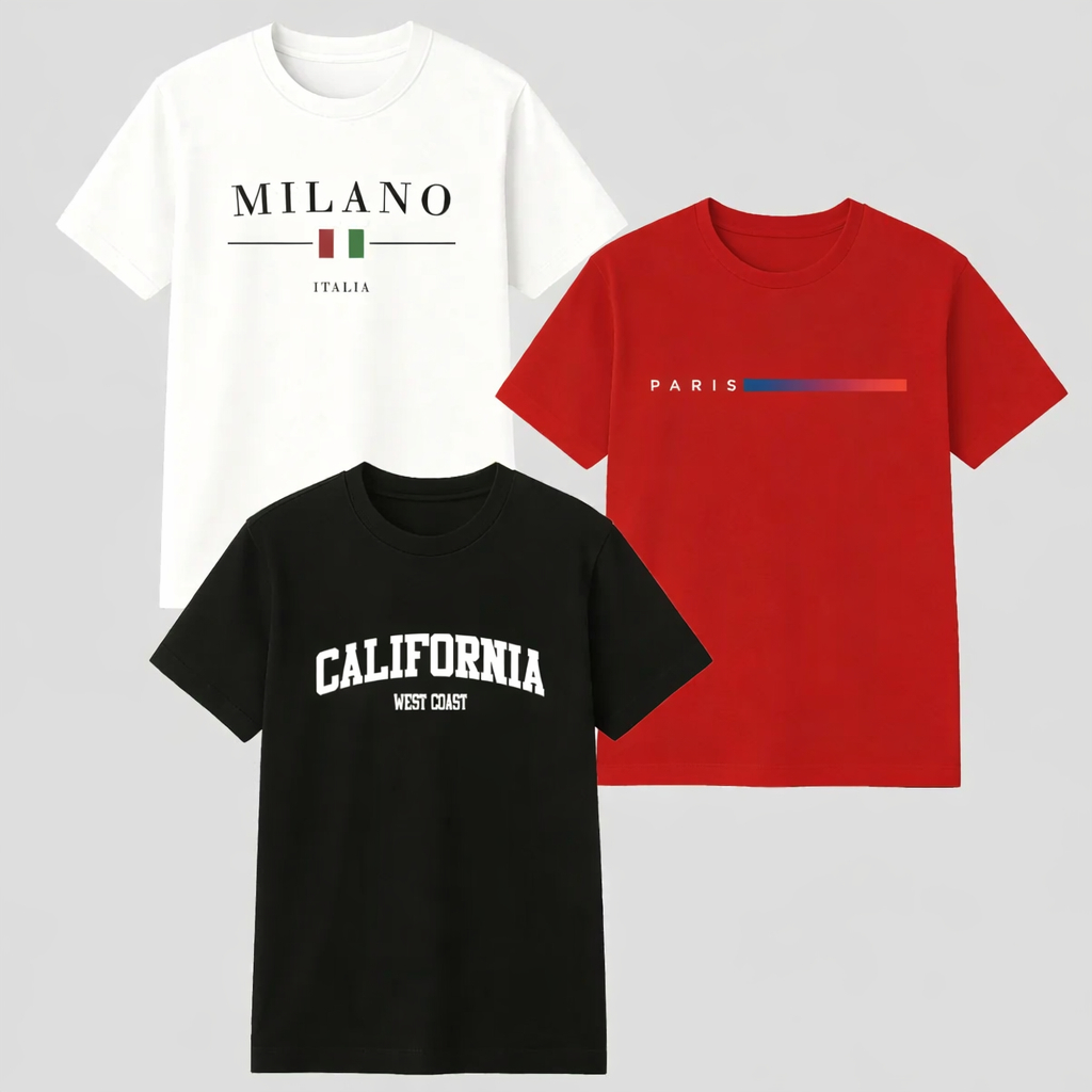 Kit Camiseta Masculinas, Kit com 3 Camisetas Masculinas Camiseta Paris, Milano, Califórnia, infantil