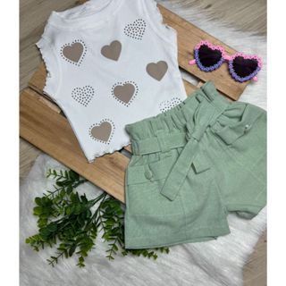 Conjunto 2 Peças Blusinha Coração com Strass e Shorts Linho Infantil 04 a 10 anos em Oferta na Shopee