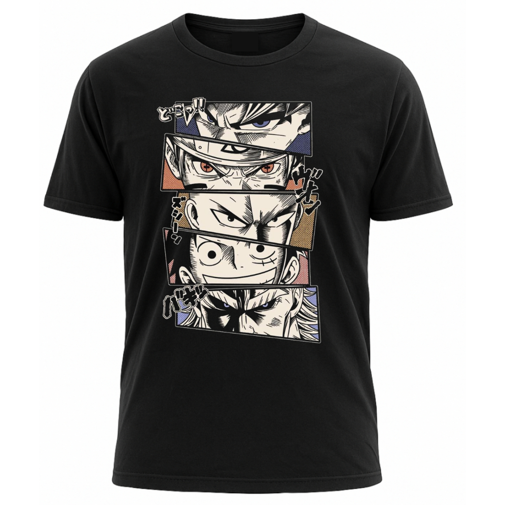 Camiseta Anime Estampa Frontal Personagens Algodão Unissex Preta Geek Otaku Casual